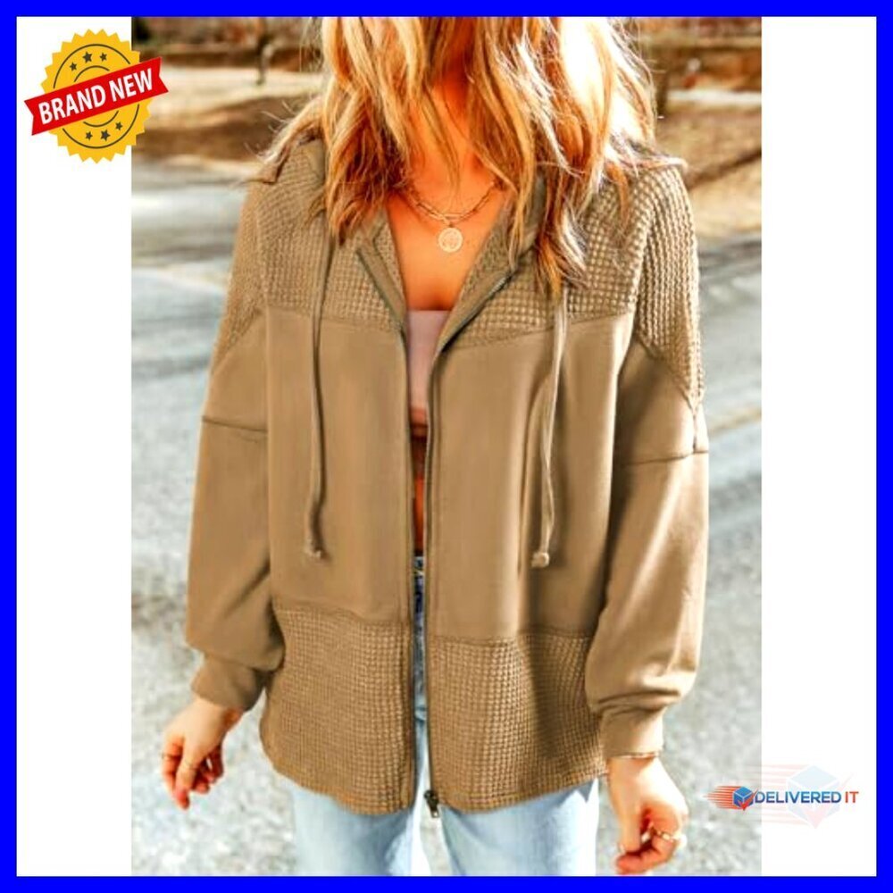 Waffle Knit Zip Up Hoodie Lightweight Casual Jacket Oversized Fit Drawstring - Picture 2 of 6